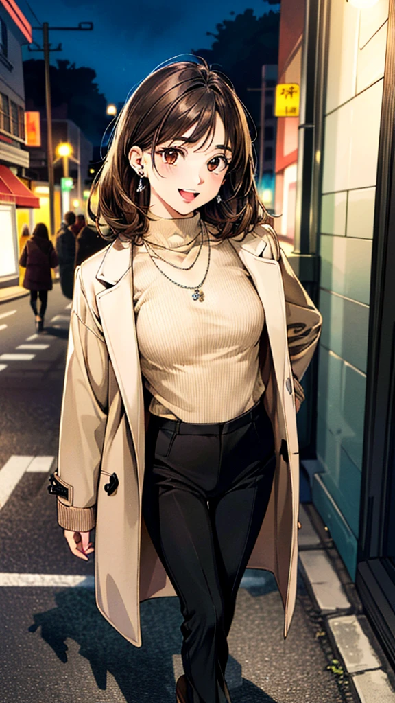 (masterpiece:1.3, Highest quality, Ultra-high resolution, Super detailed), (Realistic, photoRealistic:1.4), Beautiful illustrations, Perfect lighting, colorful, Depth of written boundary, 
Beautiful detailed hair, Beautifully detailed face, Beautiful fine details, Beautiful clavicle, Beautiful body, Beautiful breasts, Beautiful thighs, Beautiful feet, Beautiful fingers, 
View Viewer, Full Body Shot、Front view:0.6, 1 girl, Japanese, Female college student, Perfect Face, (Perfect ???????, Anatomically correct), Cute and symmetrical face, Baby Face, , Shiny skin, 
((White coat)).((Black turtleneck sweater：1.4,)) ((Beige pants:1.4)),(pumps:1.2) 
(Dark brown hair, Medium Wave:1.4),  Dark brown eyes, (Large Breasts), thin, 
necklace, (Small earrings:1.3), 
(Retro feel), (night), (Street Corner), Are standing, (smile, Open your mouth a little), 