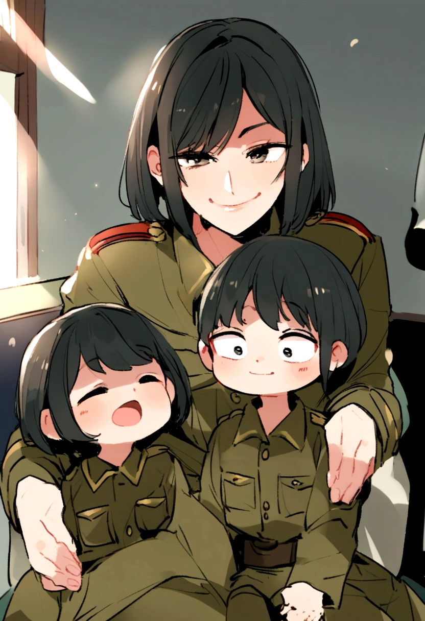 Estilo Pixar: Familia, Um pai, 2 small children, a boy and a girl, wearing Indonesian army uniforms .