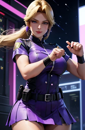 (Purple light-up)Police Officer,mini skirt(Triumphant Face:1.5), The face we're looking for,8k(A kind smile) woman,Huge boobs,very red lips,Emphasis on huge breasts,Big Ass,Thin waist long legs,Green Eyes, Emphasis on huge breasts,Greenish blue eyes 8k(Anime style face:1.3) The facial expression is good,Naughty,Your clothes are torn,Pole Dance Room:1.3,Blonde with a soft smile and slightly red cheeks