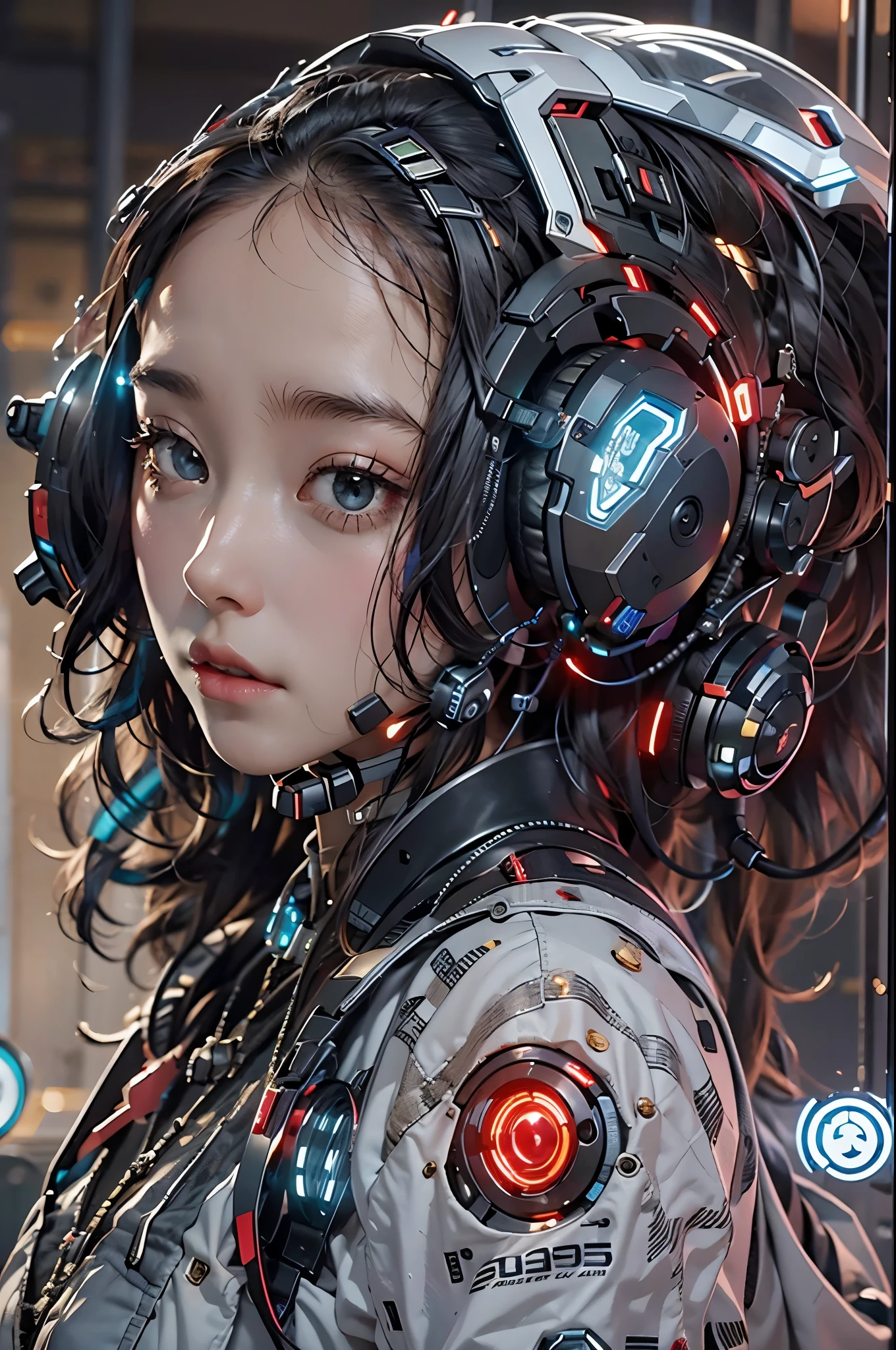 best quality，masterpiece，16k，1girl,Cyberpunk,headset,Mechanical earphones,Luminous earphones,Fragmented mechanical jewelry,Technological background,Positive close-up,Robot arm,The mechanical structure of the earpiece resembling a handgun,Slightly exposed chest,Multi light source earphones,Earphones with super complex mechanical structures,Multi light source neck protection,Emit red light,Strange shaped mechanical earphones,Super complex mechanical earphones,Black mechanical armor,Full body multiple light source points,Urban background,Multi light source background,skyscraper,night