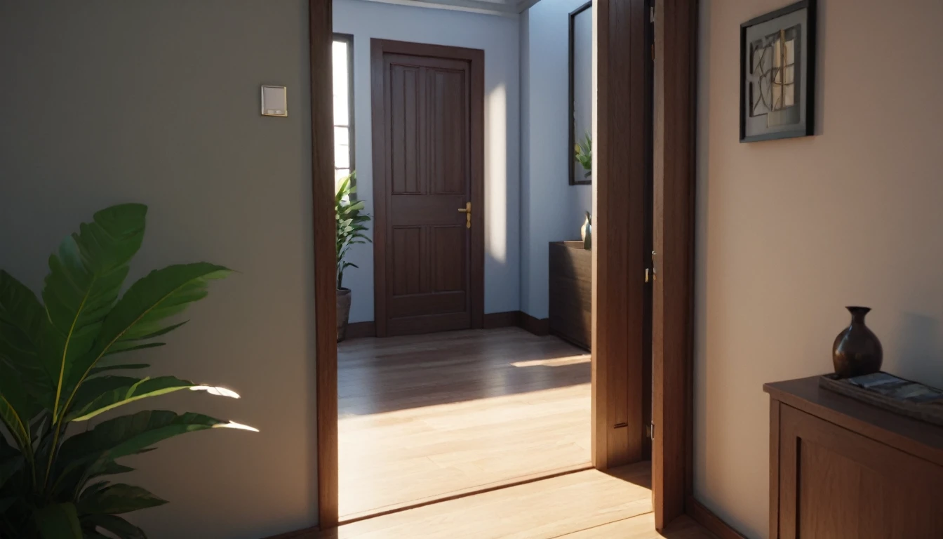 The doorway to the hallway has a mirror and a plant, Detailed cinematic rendering, Detailed movie shots, Realistic afternoon lighting, Volumetric Natural Light, Rendering with Unreal Engine 6, Rendering with Unreal Engine 5, Global Illumination. Visual effects, cinematic render unreal engine, Photorealistic movie rendering, Detailed cinematic lighting, Volume and perfect lighting, Rendered with Unreal Engine at 8k