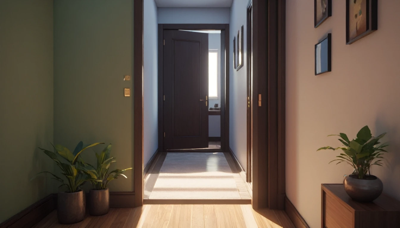 The doorway to the hallway has a mirror and a plant, Detailed cinematic rendering, Detailed movie shots, Realistic afternoon lighting, Volumetric Natural Light, Rendering with Unreal Engine 6, Rendering with Unreal Engine 5, Global Illumination. Visual effects, cinematic render unreal engine, Photorealistic movie rendering, Detailed cinematic lighting, Volume and perfect lighting, Rendered with Unreal Engine at 8k
