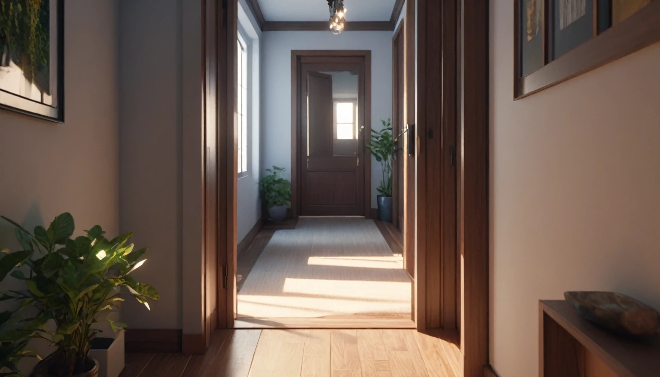 The doorway to the hallway has a mirror and a plant, Detailed cinematic rendering, Detailed movie shots, Realistic afternoon lighting, Volumetric Natural Light, Rendering with Unreal Engine 6, Rendering with Unreal Engine 5, Global Illumination. Visual effects, cinematic render unreal engine, Photorealistic movie rendering, Detailed cinematic lighting, Volume and perfect lighting, Rendered with Unreal Engine at 8k