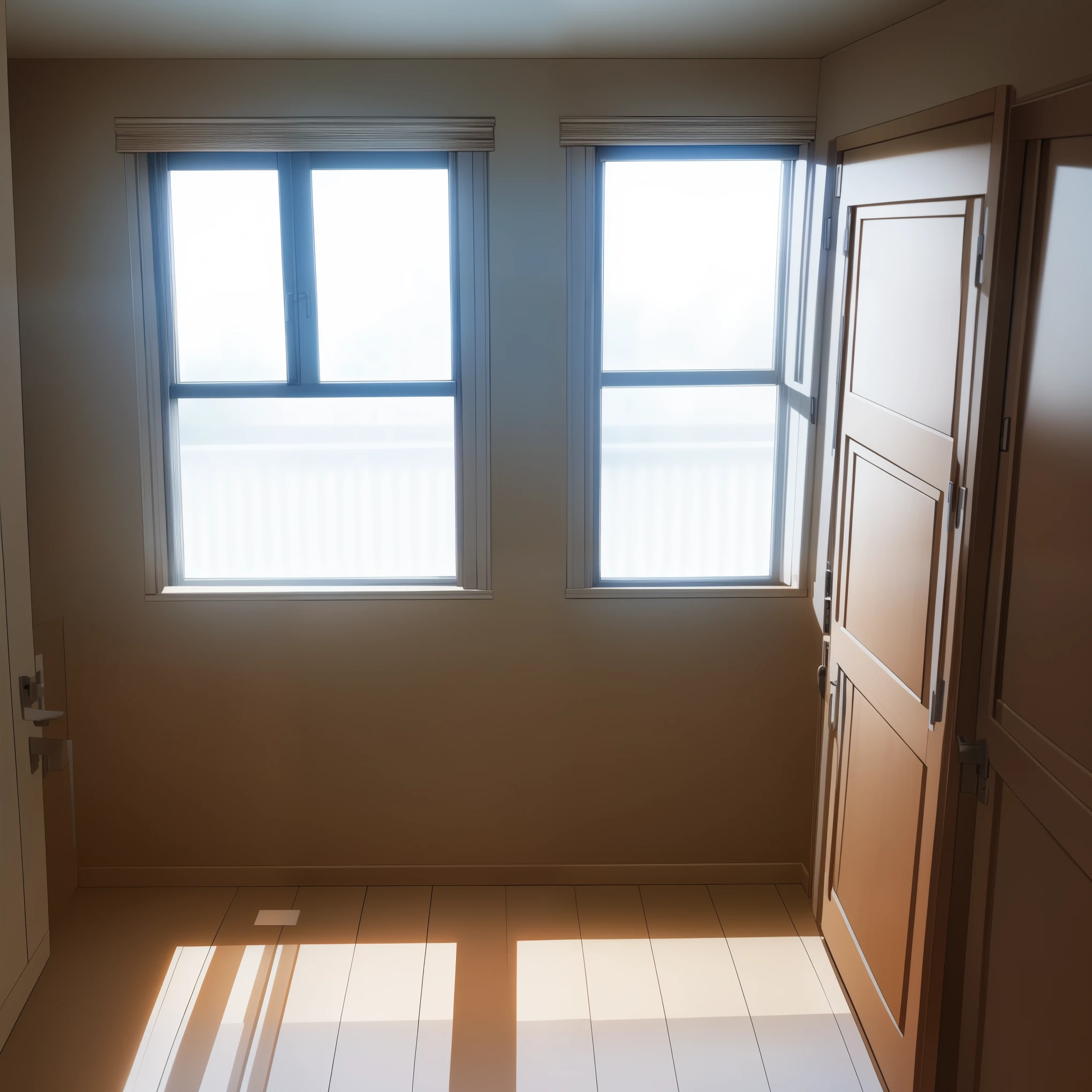 View from inside next to the door. A plain bedroom and next to it a window. Outside the window is white lighting shines. Perfect illumination.