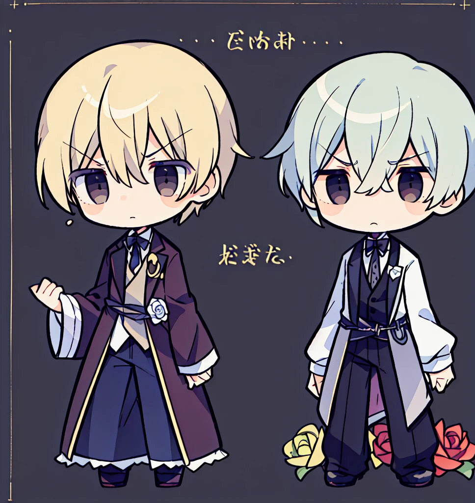 tegaki chibi 2boys pastel colors gradient flat chest yaoi gay boys love gothic rose blonde silver hair gray eyes black eyes aesthetic angry