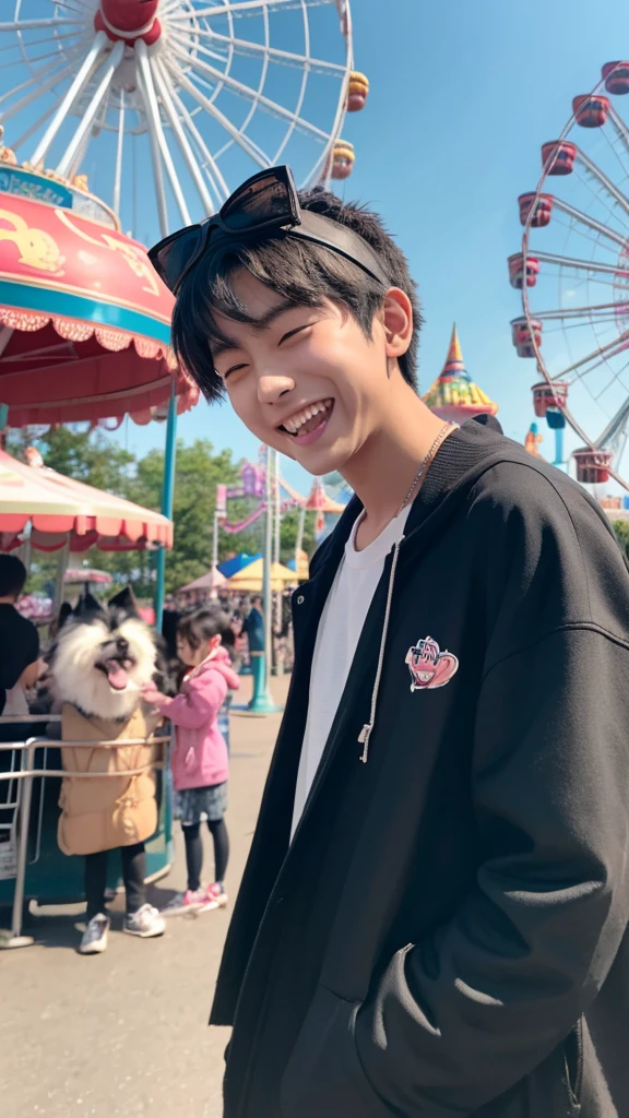
with zerobaseone Kim Gyubin.
He is a man
He has a black handsome hair.
He is wearing cute headband of dog
at an amusement park 
He is laughing at a girl while waiting in line for the Ferris wheel.