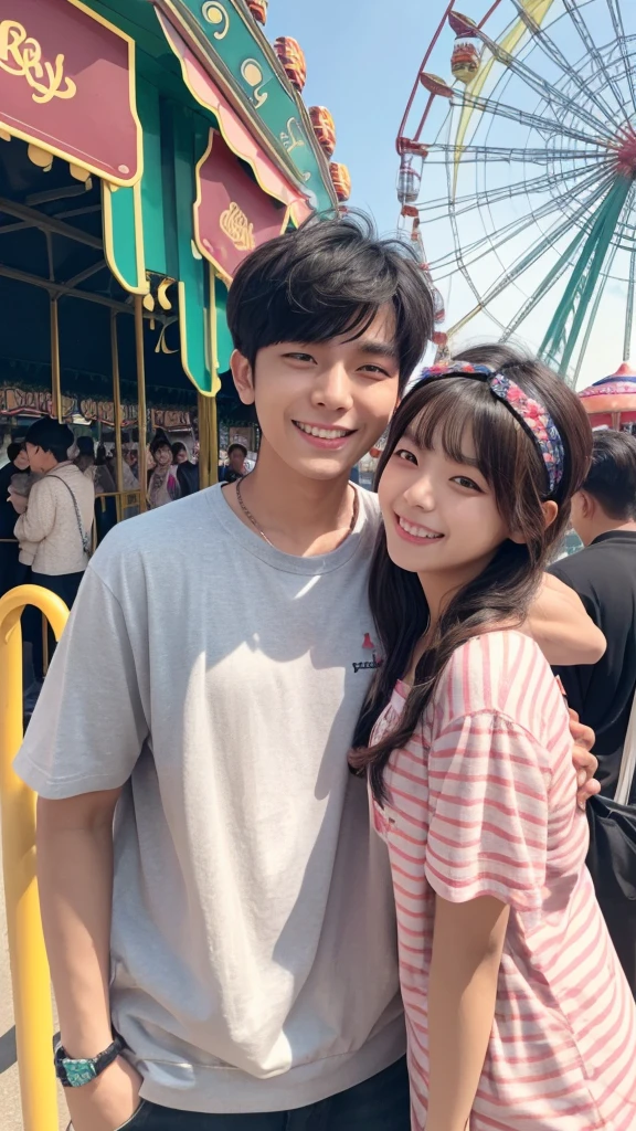 with zerobaseone Kim Gyubin.
He is a man
He has a black handsome hair.
He is wearing cute headband of dog
at an amusement park
He is laughing at a girl while waiting in line for the Ferris wheel.