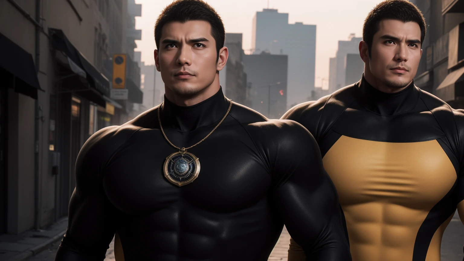 Super muscular man hugging, Sad eyes,Wear sunglasses,They embrace affectionately,short hair,On a vintage outdoor street under the hot sun, Wear long sleeves, Deep turtleneck bodysuit, Thickened warm elastic texture,The clothes are dirty,There are mud stains,Looks sad, Thick thighs, messy hair, Thick thighs, High target-necked long-sleeved dark yellow high-necked tights, very tight, Regular symmetrical pattern, High targetlight muscles, Police uniform pants, character concept(Resident Evil - chris redfield, chris redfield)A proud expression, Deep and charming eyes, Valiant male pose, tall Burly, muscular!muscular thighs, Tough Guy, Perfect facial features, High target, Burly, Heqiang, Super exquisite and cool, High target Resolution Committee, Attractive, The sun is blazing, Dazzling