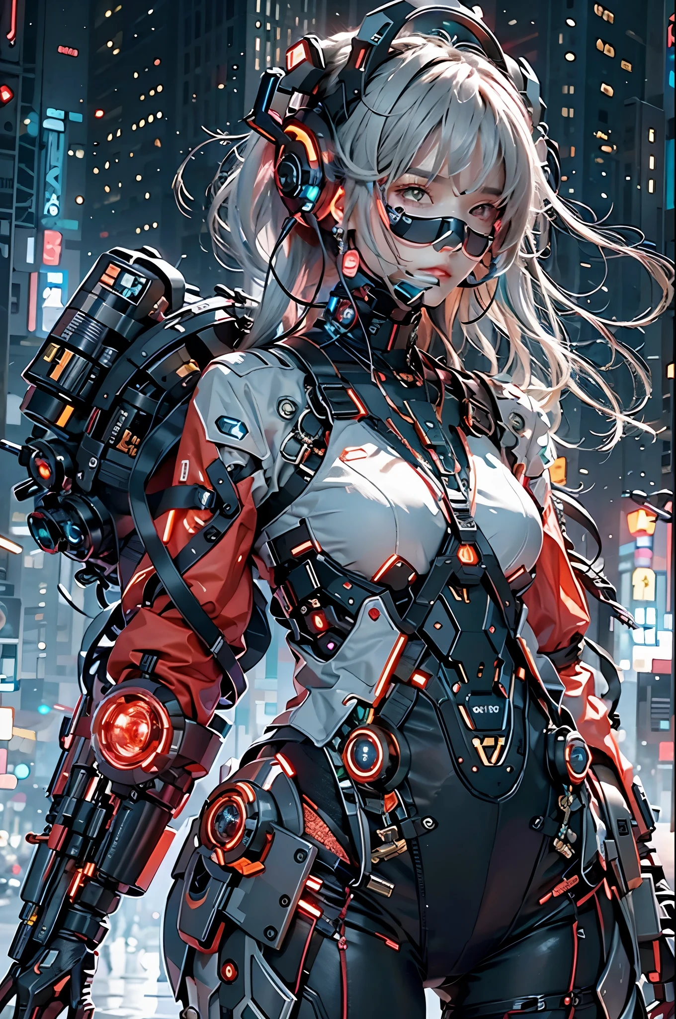 best quality,masterpiece,16k,1girl,Cyberpunk,headset,Mechanical earphones,Luminous earphones,Fragmented mechanical jewelry,Technological background,Positive close-up,Robot arm,The mechanical structure of the earpiece resembling a handgun,Slightly exposed chest,Multi light source earphones,Earphones with super complex mechanical structures,Multi light source neck protection,Emit red light,Strange shaped mechanical earphones,Super complex mechanical earphones,Black mechanical armor,Full body multiple light source points,Urban background,Multi light source background,skyscraper,night