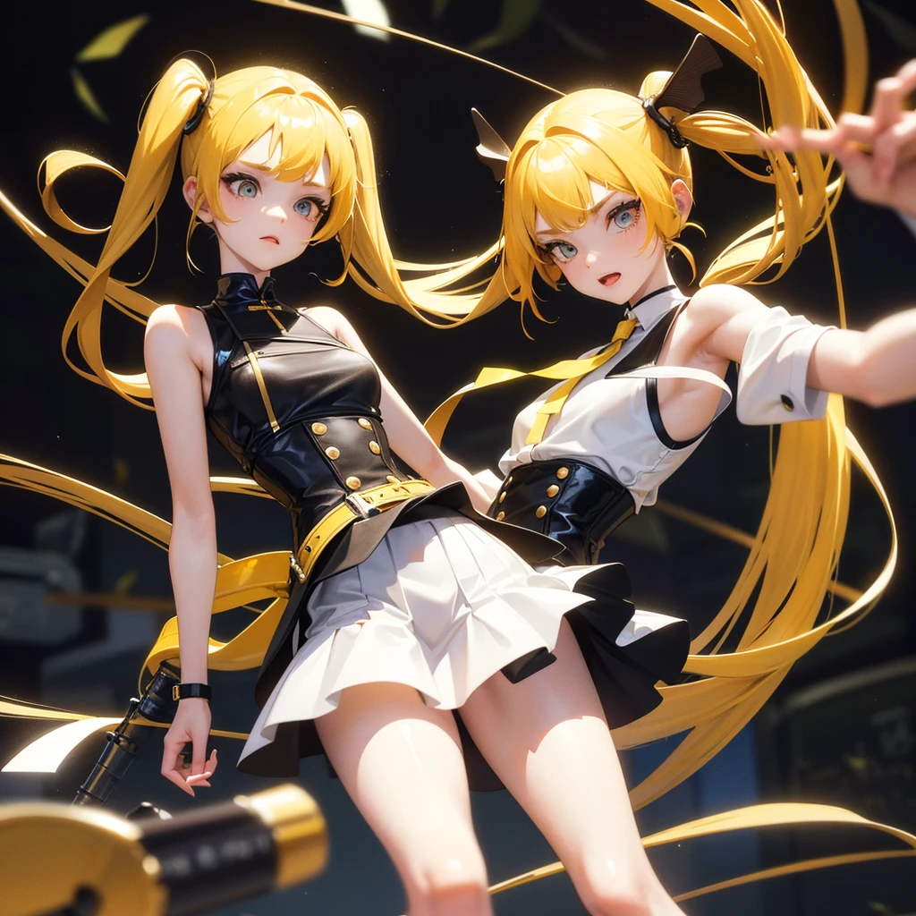 girl in a very short skirt no panties, visible, yellow hair, Twin Tail, full height, 3D wallpaper.