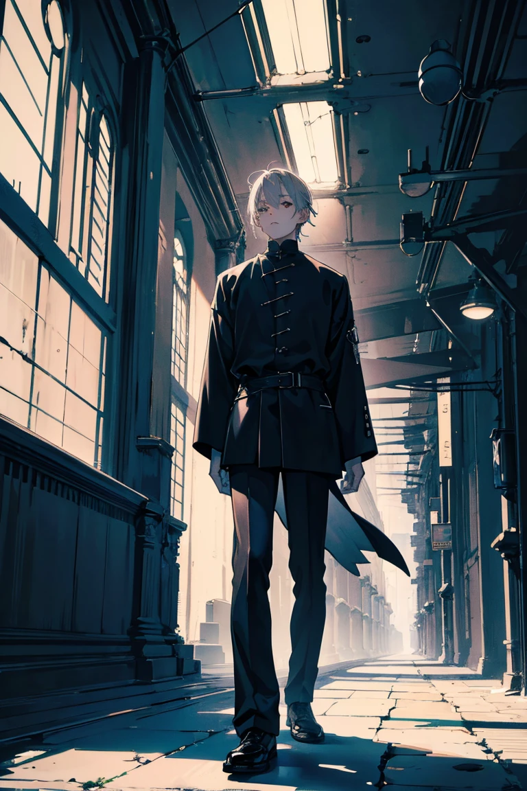 One boy, silver hair, beautiful almond-shaped gray eyes, cool, nine head proportions, standing, monochrome background, ground level shot