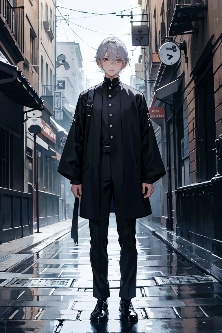 One boy, silver hair, beautiful almond-shaped gray eyes, cool, nine head proportions, standing, monochrome background, ground level shot