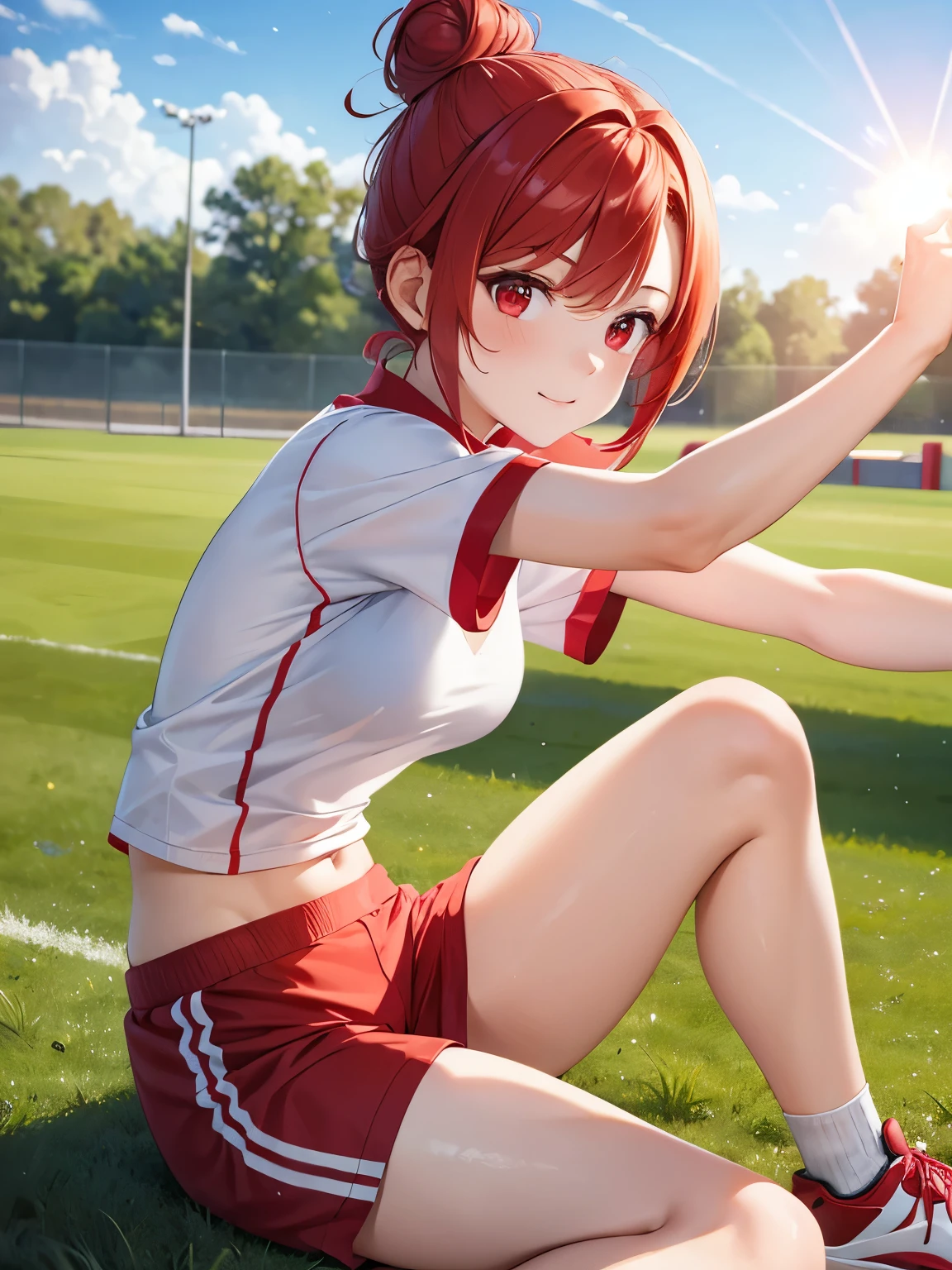 1girl,red hair,Hair in a bun, one bun, White sports uniform, red sports shorts, red eyes, Muscle stretching, at the training ground, field, morning, bright sun,close up photo,Ultra detail, Ultra HD, masterpiece