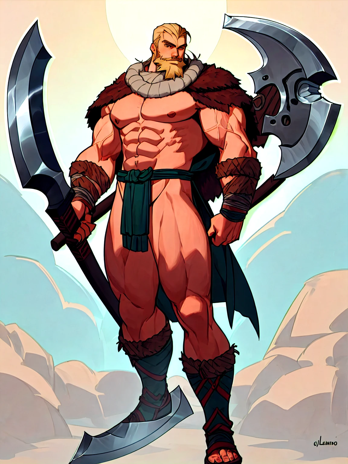 a beard man, male warrior, with an axe, beefcake pose, gigachad muscular, full body portrait, male art, technoviking male with no shirt, loincloth, with a two handed axe, muscular male hero