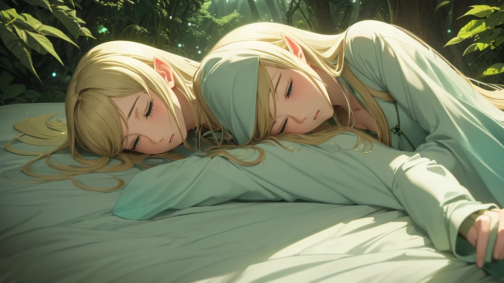 Top quality, masterpiece, 1 person, elven woman, blonde, long hair, emerald gemstone eyes, gwaiz style, dim, celtic forest, sexy but cute, sleeping quietly on a bed of soft green leaves, older sister, 25 years old, faint light particles floating around, creating a mysterious and fantastic atmosphere