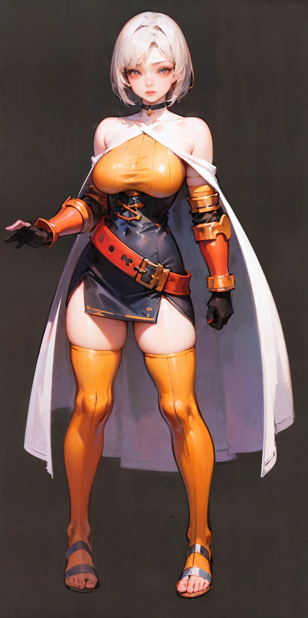 ((BLACK BACKGROUND,1:2, masterpiece)) full body MILF BIMBO standing with two long thighs and two metal sandals, red eyes, silver white hair, short bob style hair, choker, armor, cape, black dress, single glove, thigh highs, armored legwear, orange boots, choker, big belt, view from below, feet together, bracers, tiara, hyper realistic 