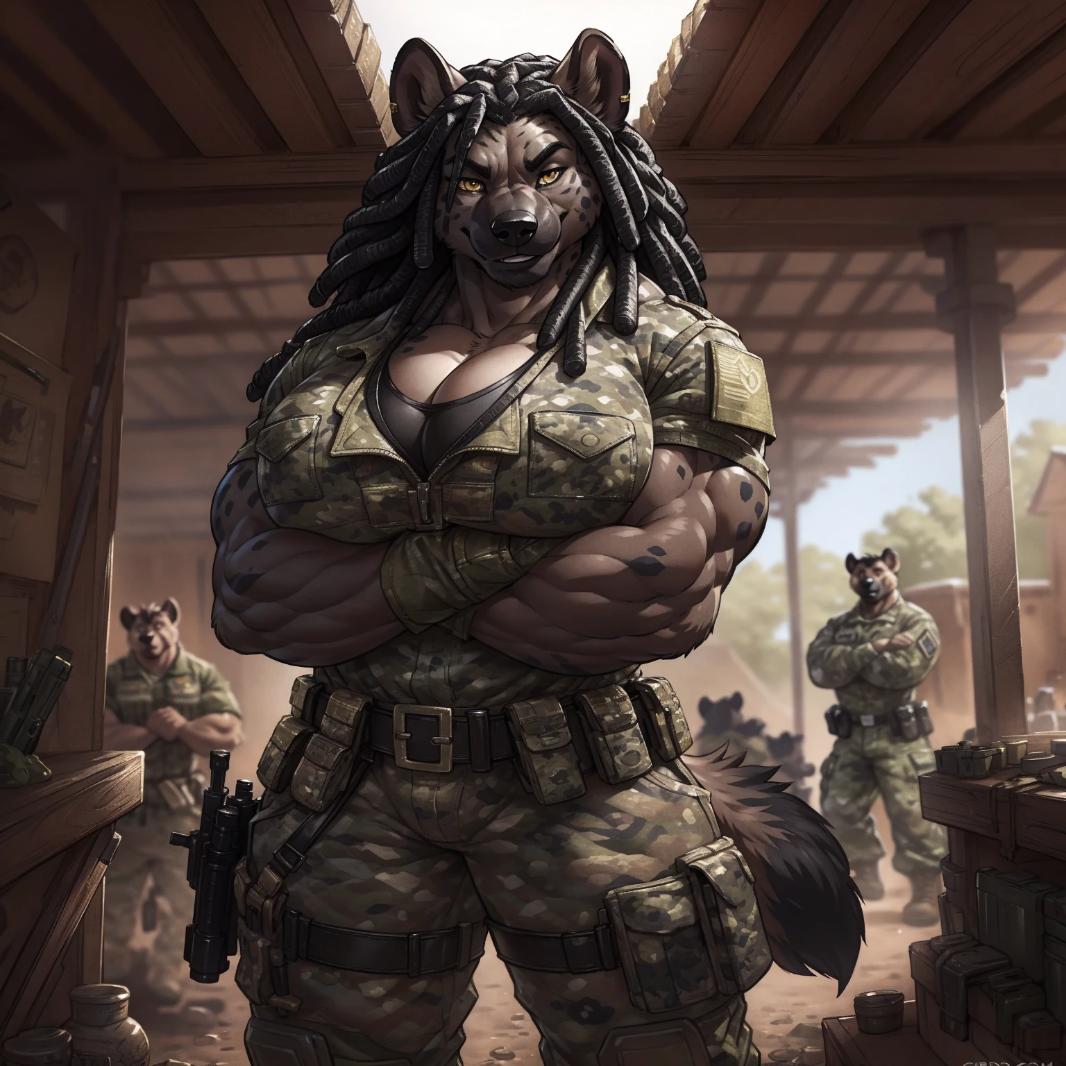 solo, 1girl, hyena, female, broad shoulders, stocky build, buff, muscular, large breasts, beige fur, spots, dreadlocks, black hair, gold eyes, highly detailed eyes, Amazon, powerful figure, wearing camouflage_uniform, (monochrome uniform:1.2), military camp, rolled sleeves, shirt, cleavage, standing upright, (arms crossed:1.2), combat boots, full body, pleasant smile, looking at viewer, realistic lighting, by darkgem, by wfa, by gideon,