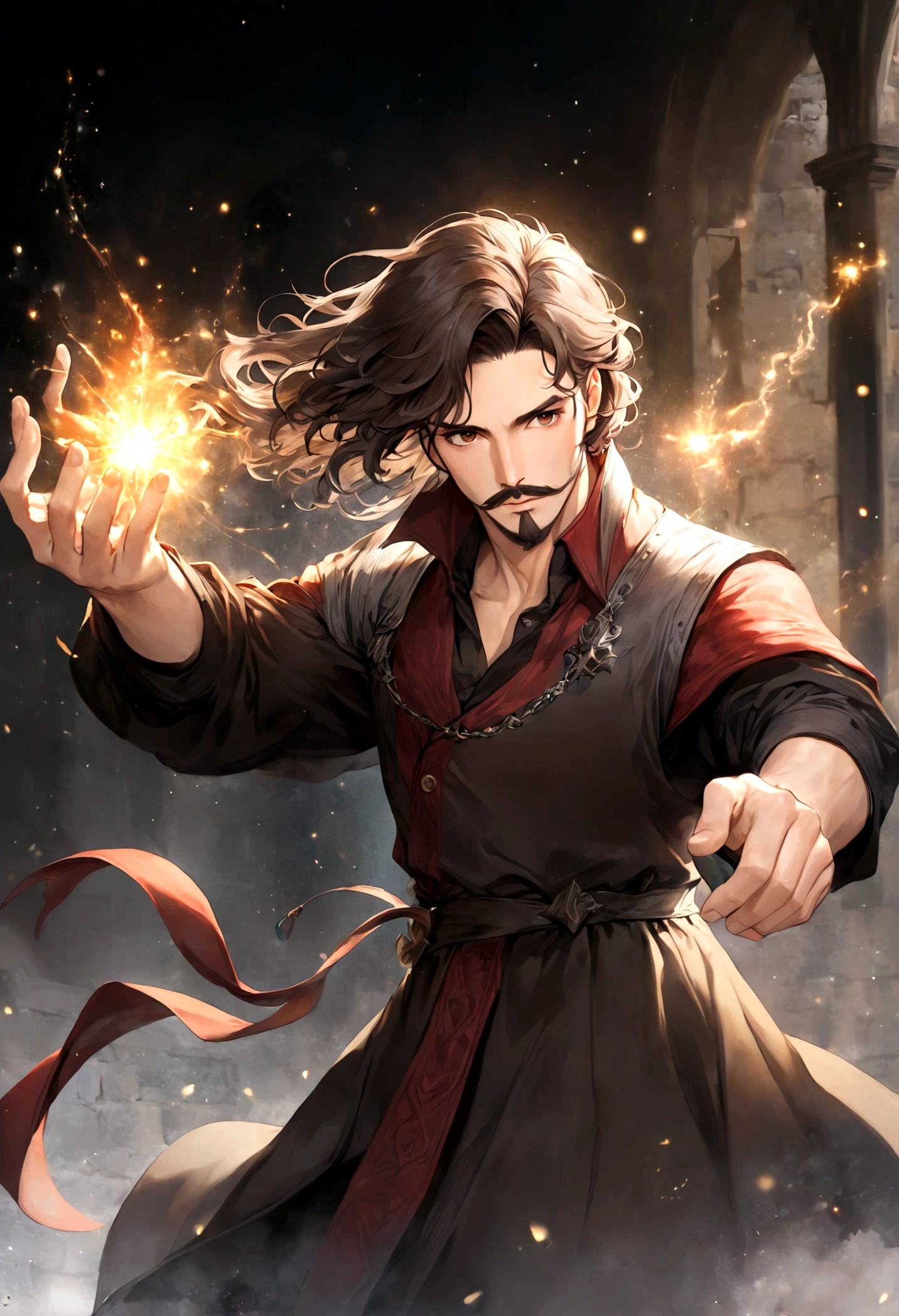 (tunic with red and black colors for men), ), ((bigote estilo Van Dyke y (barba de chivo) "Van Dyke", Van Dyke beard)), (light brown eyes), Aspecto atractivo y serio, ((cabello muy largo oscuro, messy hair)), Elegante y con estilo, magician style tunic, A mature man of 40 years old similar to actor Jim Morrison with long hair, ((cabello muy largo)), (Imagen realista y de alta calidad), laboratorio medieval, ((La mejor calidad, 8K, obra maestra).((dynamic pose with spells in hand with particles and looking forward, viendo al espectador)), (cabello largo pasando los hombros)