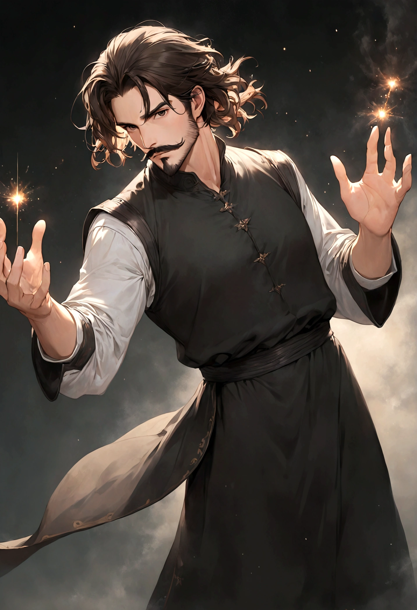 (tunic with red and black colors for men), ), ((bigote estilo Van Dyke y (barba de chivo) "Van Dyke", Van Dyke beard)), (light brown eyes), Aspecto atractivo y serio, ((cabello muy largo oscuro, messy hair)), Elegante y con estilo, magician style tunic, A mature man of 40 years old similar to actor Jim Morrison with long hair, ((cabello muy largo)), (Imagen realista y de alta calidad), laboratorio medieval, ((La mejor calidad, 8K, obra maestra).((dynamic pose with spells in hand with particles and looking forward, viendo al espectador)), (cabello largo pasando los hombros)