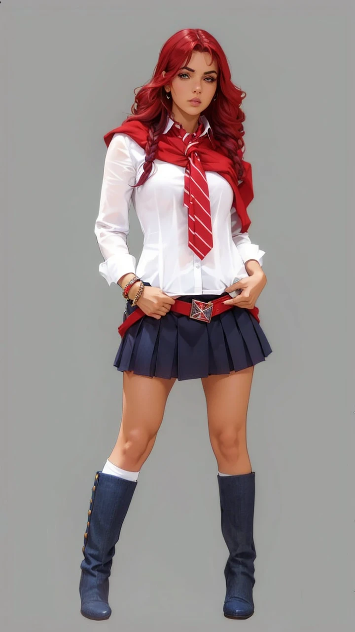 Roberta Pardo, uma personagem da novela "Rebelde", performed by Dulce María. Ela tem cabelo vermelho vibrante, estilizado em ondas soltas com franja. Roberta is wearing a school uniform: a fitted white shirt with the buttons open and the sleeves rolled up, combined with a red tie loosely tied around the neck. Sobre os ombros, she has a red sweater. Ela veste uma saia curta plissada azul-marinho com um cinto distinto que exibe o emblema da Elite Way School. Roberta completa seu visual com botas de cano alto em jeans azul escuro e meias brancas aparecendo no topo. Add multiple bracelets to your wrists, enfatizando sua personalidade rebelde e estilosa. O fundo deve ser simples e cinza, focusing attention on your striking appearance, extremamente realista, muito linda, sexy, bunda grande, pernas grossas, Fitness.