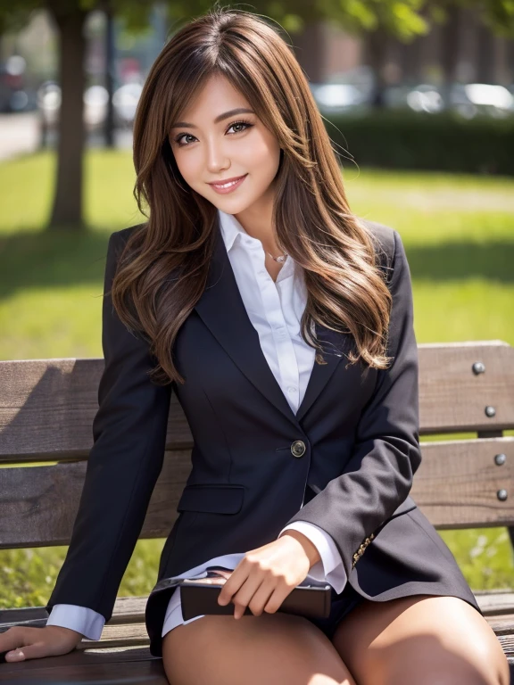 Tabletop, Highest quality, Realistic, Very detailed, finely, High resolution, 8k wallpaper, 1. Beautiful woman,, Light brown messy hair, Wearing a business suit, Short harp focus, Perfect dynamic composition, finelyて美しい目, Thin Hair, Detailed and Realistic skin texture, smile,  Model Body Type、Beautiful feet、Park bench、smile、