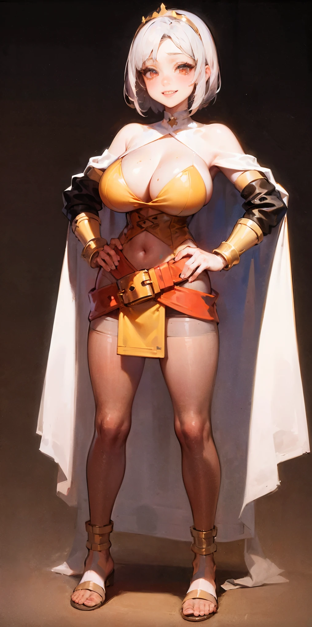 ((BLACK BACKGROUND,1:2, masterpiece)) full body MILF BIMBO standing with two long thighs and two metal sandals, red eyes, silver white hair, short bob style hair, big breasts, cleavage, separate sleeves, tiara royal, long cape up to two feet, yellow bikini, hands on waist, navel, lustful smirking smiling, smile face (red blushed, red cheeks), metal shoulders, gold sleeveless armbands, black leather choker slave collar, shackle bracelets, sex slave red crest, pauldrons, breastplate, corset, eye focus, full body, whole body, 1solo, loincloth standing, hands on hips, metal sandals, choker, big belt, view from below, feet together, bracers, tiara)