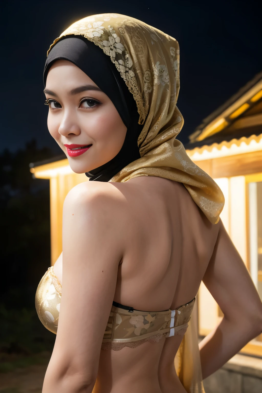 ((Lace)), (Happy smile), (((HIJAB MALAY GIRL))), masutepiece, High quality, UHD 32K, Realistic face, Realistic skin feeling , A Japanese Lady, 58 years old lady, , Very cute and baby-like face, (((FLAT CHEST))), (Night time at forest), ((look In front at the camera and SADNESS)), (((GOLD FLUORESCENT))), (((CUTE GIRL))), ((GOLD FLUORESCENT LIPS)), ((Floral Pattern)) little wearing strapless bra, strapless colorful bra, dark night background , black forest night, horror scary place, (huge saggy breast), ((HEAVY HUGE BREASTS)), (from behind up) seductive pose