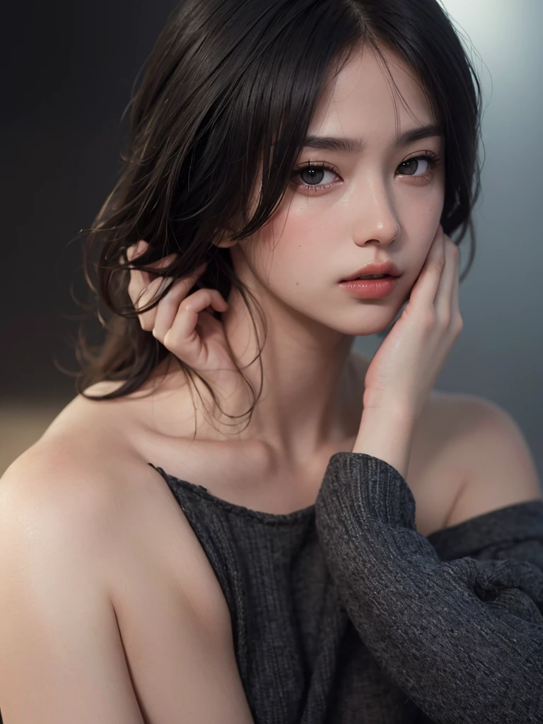 Best quality, masterpiece, ultra high res, (photorealistic:1.5), raw photo, 1girl, offshoulder, in the dark, deep shadow, low key, cold light, sexy look, short hair，black hair, black eyes