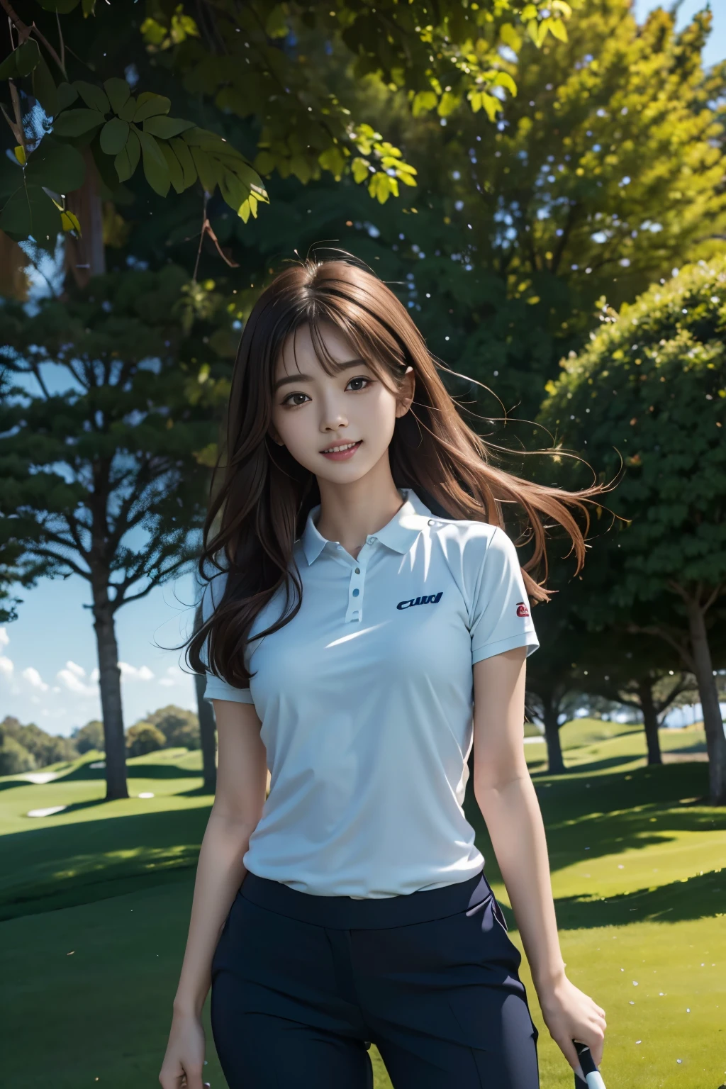 Woman playing golf on a golf course、Beauty、Well-formed face、Well-proportioned、Medium build、Small face、Small Bust、Small hips、Long legs、Wearing golf wear、The wind is blowing、sunny、Beautiful blue sky、, light brown hair, long hair, floating hair, straight hair, seductive smile, Surrealism, Verism, cinematic lighting, tachi-e, first-person view, Canon, UHD, anatomically correct, best quality, highres, 8k