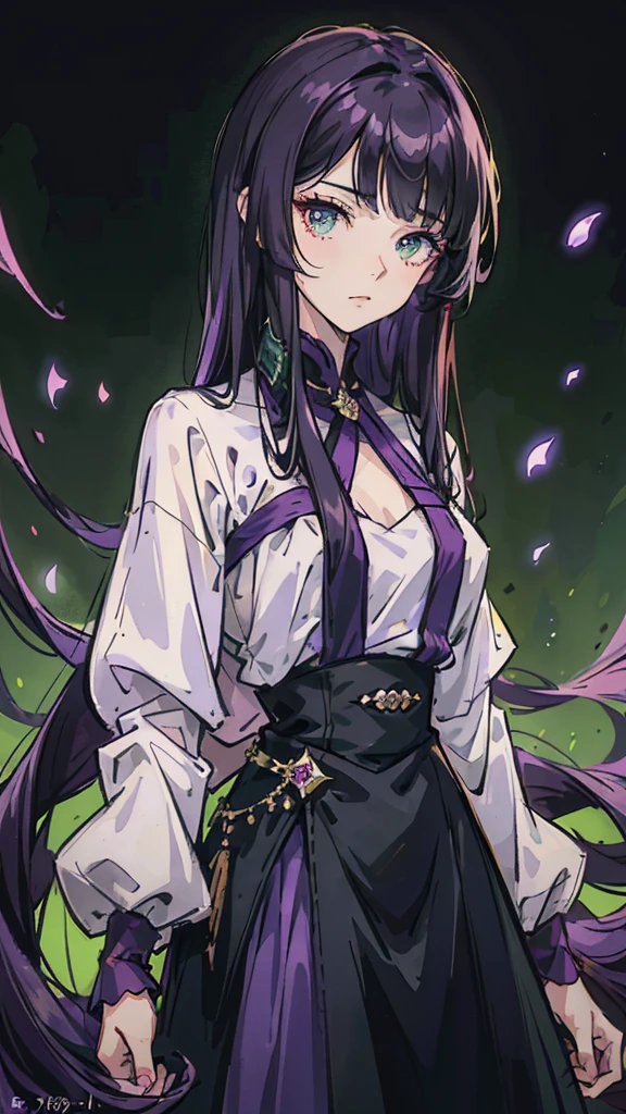 Woman , long hair, long dark purple hair, hime cut hairstyle, hime cut hairstyle, green eyes, emerald eyes, FOV, f1.8, masterpiece, front portrait shot, black and dark purple casual clothing, plain dark purple colored background, serious expression, front full bangs, siren eyes, cat-shaped eyes
