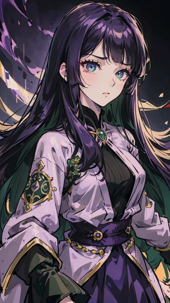 Woman , long hair, long dark purple hair, hime cut hairstyle, hime cut hairstyle, green eyes, emerald eyes, FOV, f1.8, masterpiece, front portrait shot, black and dark purple casual clothing, plain dark purple colored background, serious expression, front full bangs, siren eyes, cat-shaped eyes
