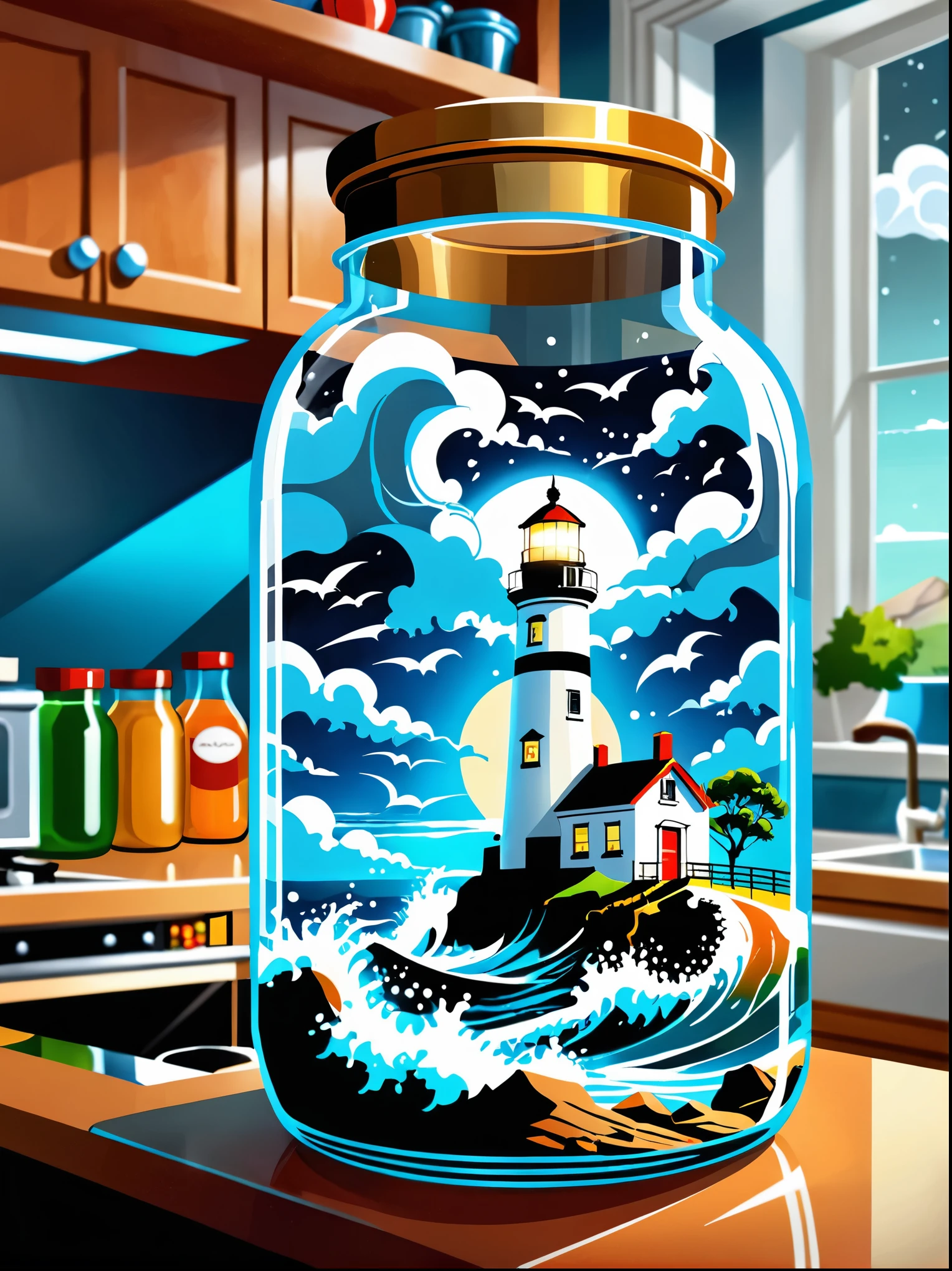 (flat, user interface vector style), (world in a bottle), Breathtaking epic scenes，Optical illusion of a lighthouse in a storm，Thunderstorm，(Inside the glass jar), Glass jars on the kitchen counter，Ray Tracing，Awe，Swirling mist，Awe，mystery，Jay Anacleto&#39;s style，Bokeh，The award-winning，major，Highly detailed，1pzsj1