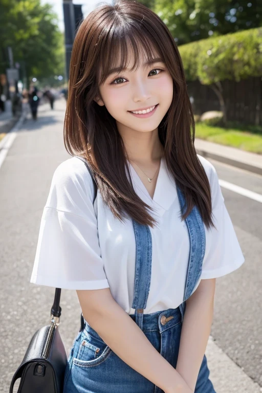Produce the highest quality and highest resolution 8K images。The model is a 20-year-old Japanese woman.。The image depicts a person smiling at the camera and taking a commemorative photo at a tourist spot.。Draw the upper body of the model。She has brown eyes and a model figure.、She has an idol-level cute face.。Her hair is bob。Skin has a healthy color。Clothes、I&#39;m wearing early summer clothes.。