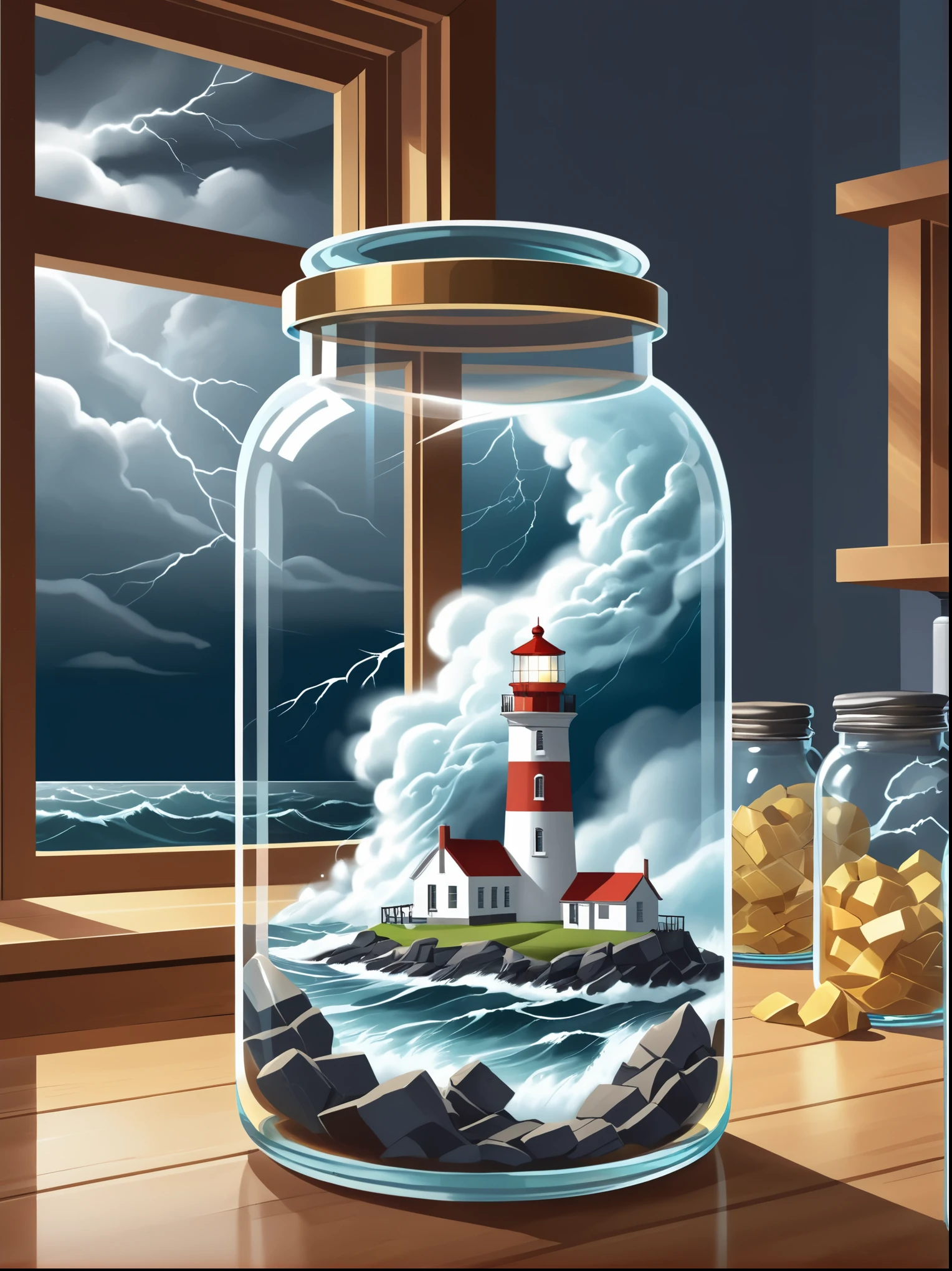 (flat, user interface vector style), (world in a bottle), Breathtaking epic scenes，Optical illusion of a lighthouse in a storm，Thunderstorm，(Inside the glass jar), Glass jars on the kitchen counter，Ray Tracing，Awe，Swirling mist，Awe，mystery，Jay Anacleto&#39;s style，Bokeh，The award-winning，major，Highly detailed，1pzsj1