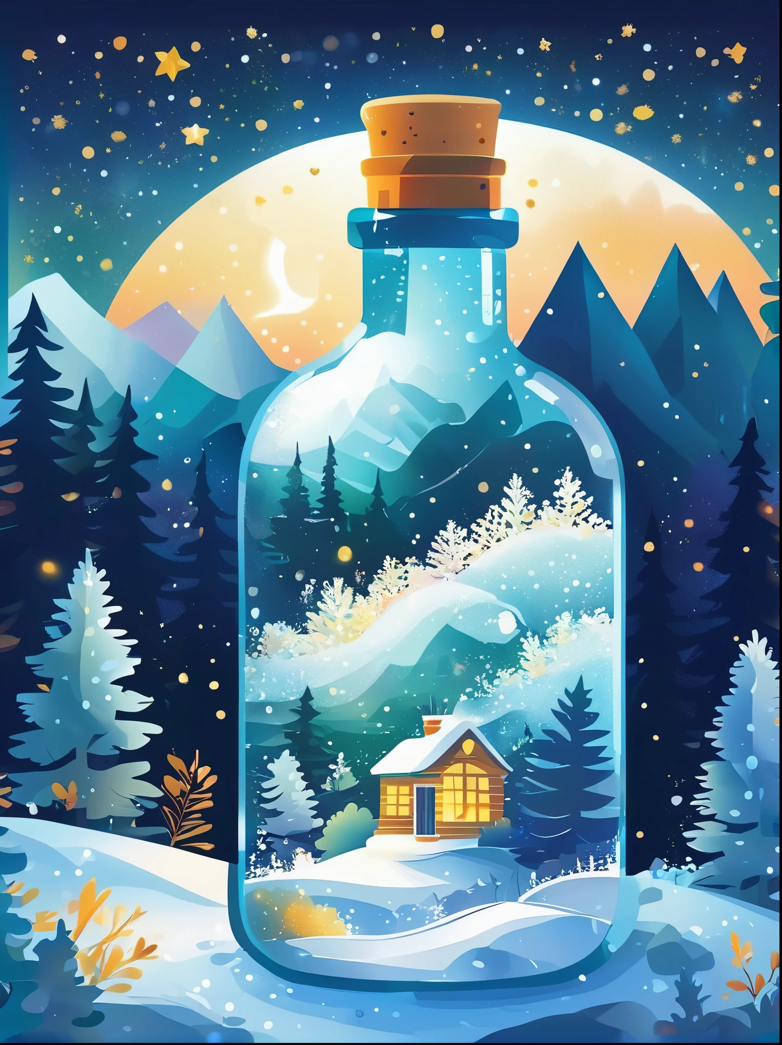 (flat, user interface vector style), (world in a bottle), Soft rime, Pine forest covered with soft frost, 美丽的冰雪Soft rime, Luminescence, Ethereal, Night Sky, (Clear crystal bottle), Shining stars, Magical scene, Vibrant colors, Soft tones, Warm golden glow, Tranquil atmosphere, (simple illustration), (smooth line art), (minimalism), white background, (graphic design aesthetics), (flat illustration)