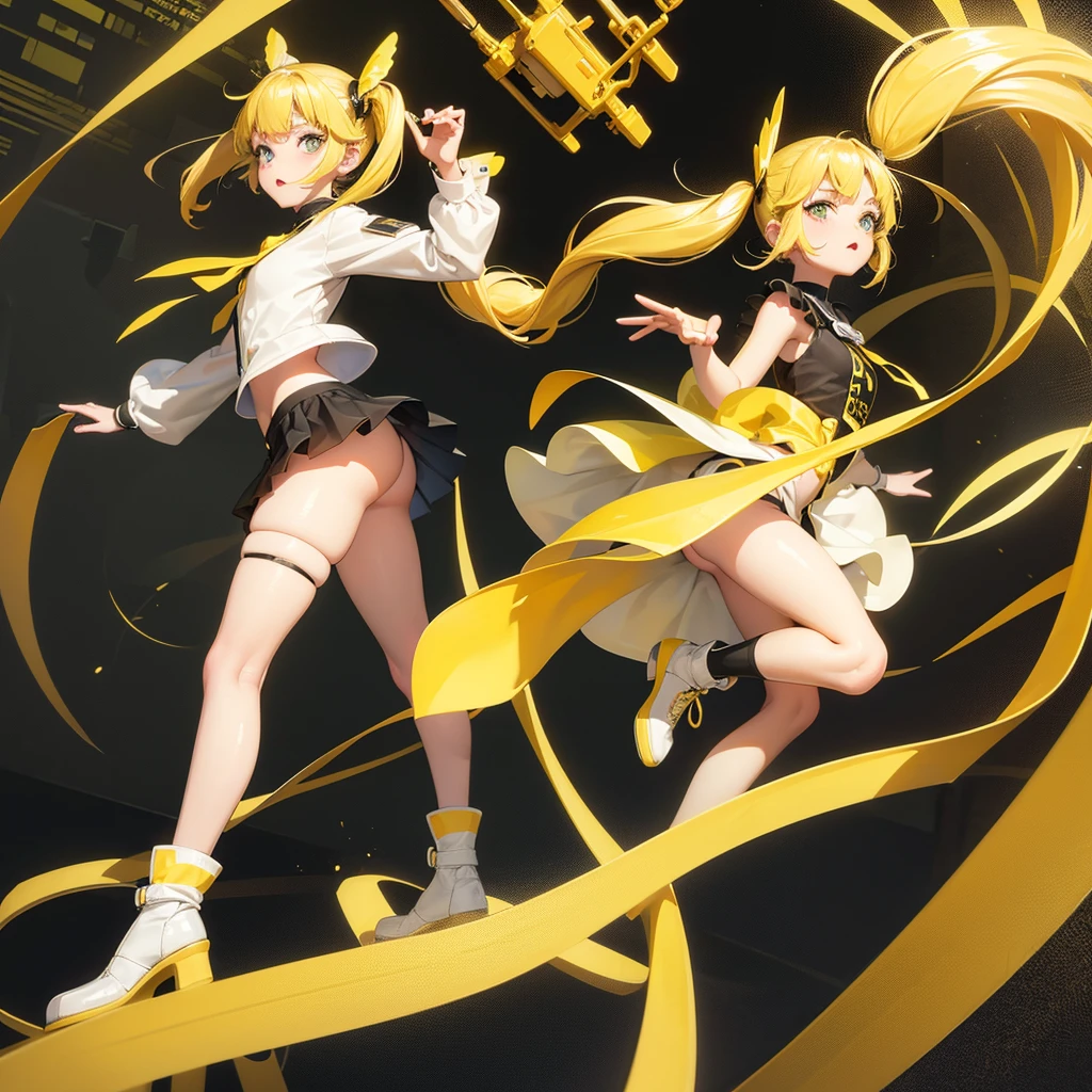 girl in a very short skirt no panties, yellow hair, Twin Tail, full height, 3D wallpaper.