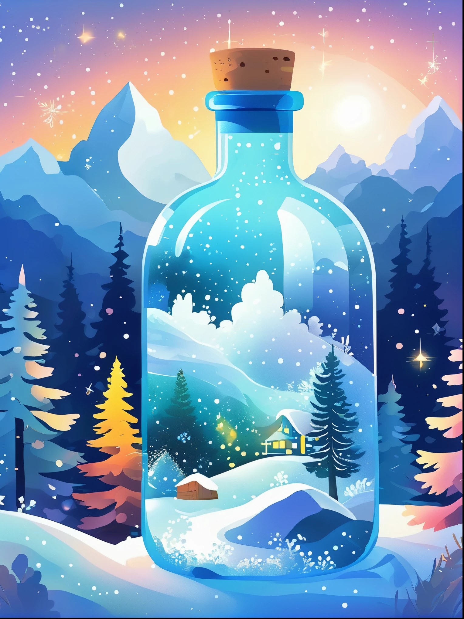 (flat, user interface vector style), (world in a bottle), Soft rime, Pine forest covered with soft frost, 美丽的冰雪Soft rime, Luminescence, Ethereal, Night Sky, (Clear crystal bottle), Shining stars, Magical scene, Vibrant colors, Soft tones, Warm golden glow, Tranquil atmosphere, (simple illustration), (smooth line art), (minimalism), white background, (graphic design aesthetics), (flat illustration)