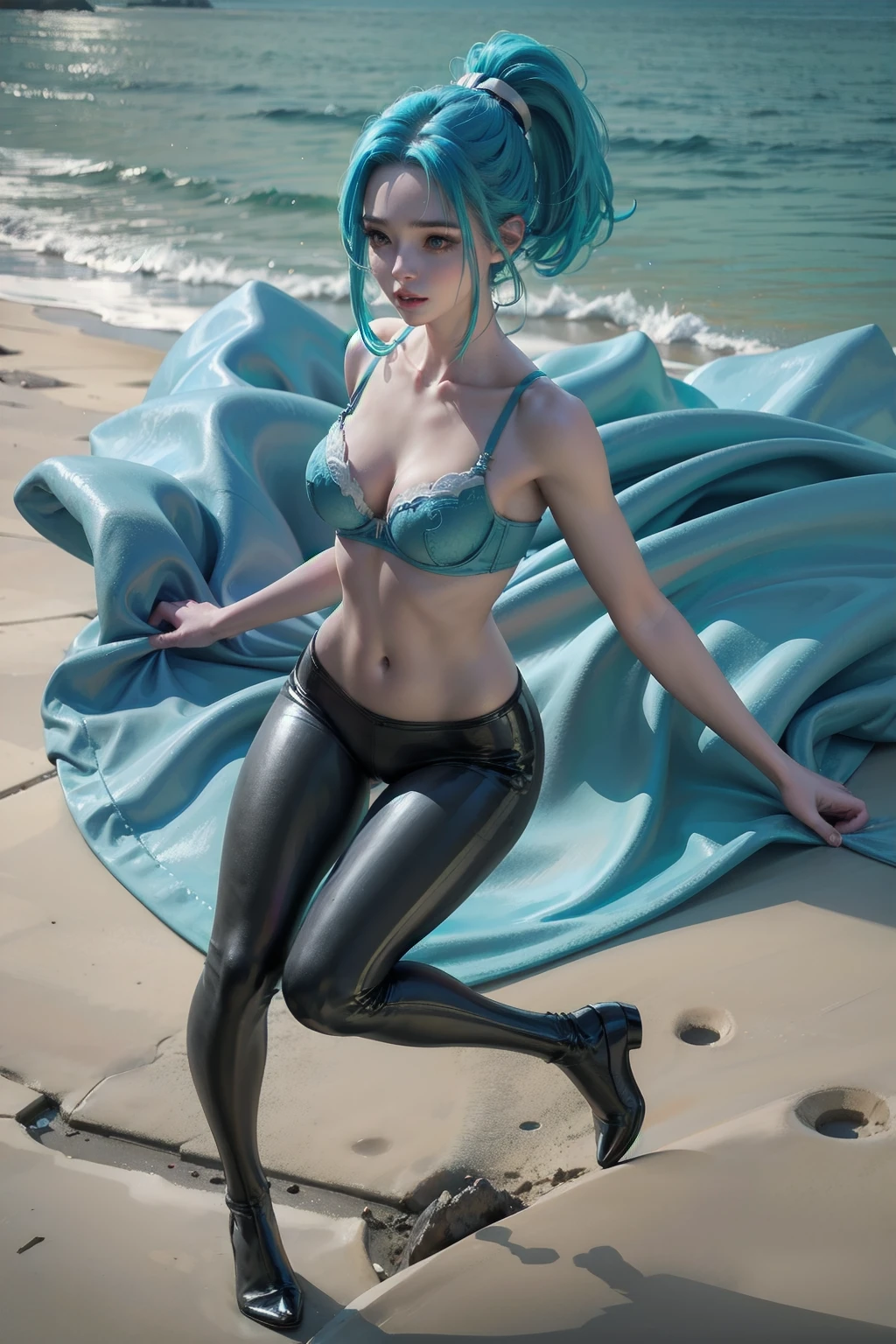 (masterpiece), (best quality), (photorealistic), uhd, high resolution, 1girl ((medium breats)), best anatomy, accurate anatomy, mature female, light bluehair, ponytail, parted bangs, hair intakes, bra, underwear, full body,