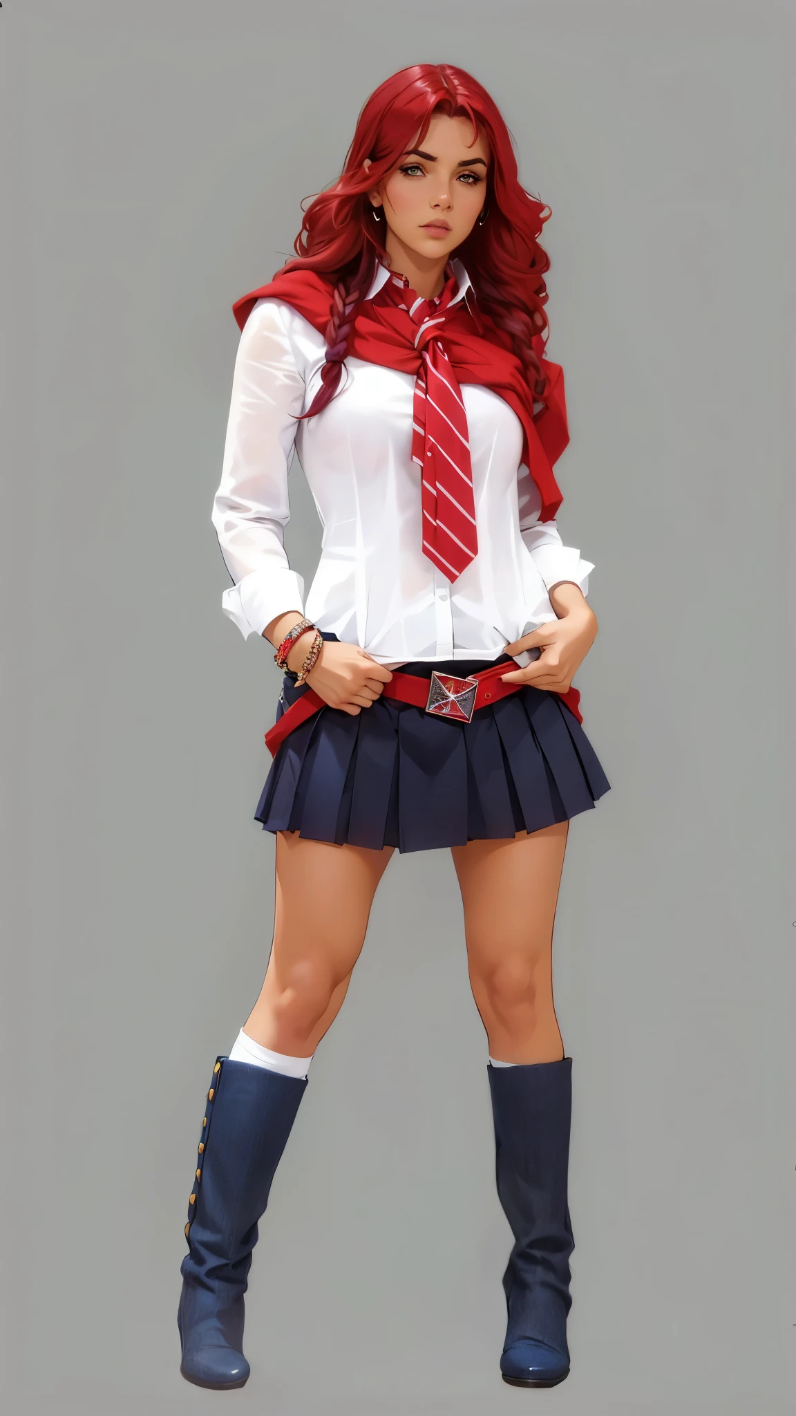 Roberta Pardo, uma personagem da novela "Rebelde", performed by Dulce María. Ela tem cabelo vermelho vibrante, estilizado em ondas soltas com franja. Roberta is wearing a school uniform: a fitted white shirt with the buttons open and the sleeves rolled up, combined with a red tie loosely tied around the neck. Sobre os ombros, she has a red sweater. Ela veste uma saia curta plissada azul-marinho com um cinto distinto que exibe o emblema da Elite Way School. Roberta completa seu visual com botas de cano alto em jeans azul escuro e meias brancas aparecendo no topo. Add multiple bracelets to your wrists, enfatizando sua personalidade rebelde e estilosa. O fundo deve ser simples e cinza, focusing attention on your striking appearance, extremamente realista, muito linda, sexy, bunda grande, pernas grossas, Fitness.