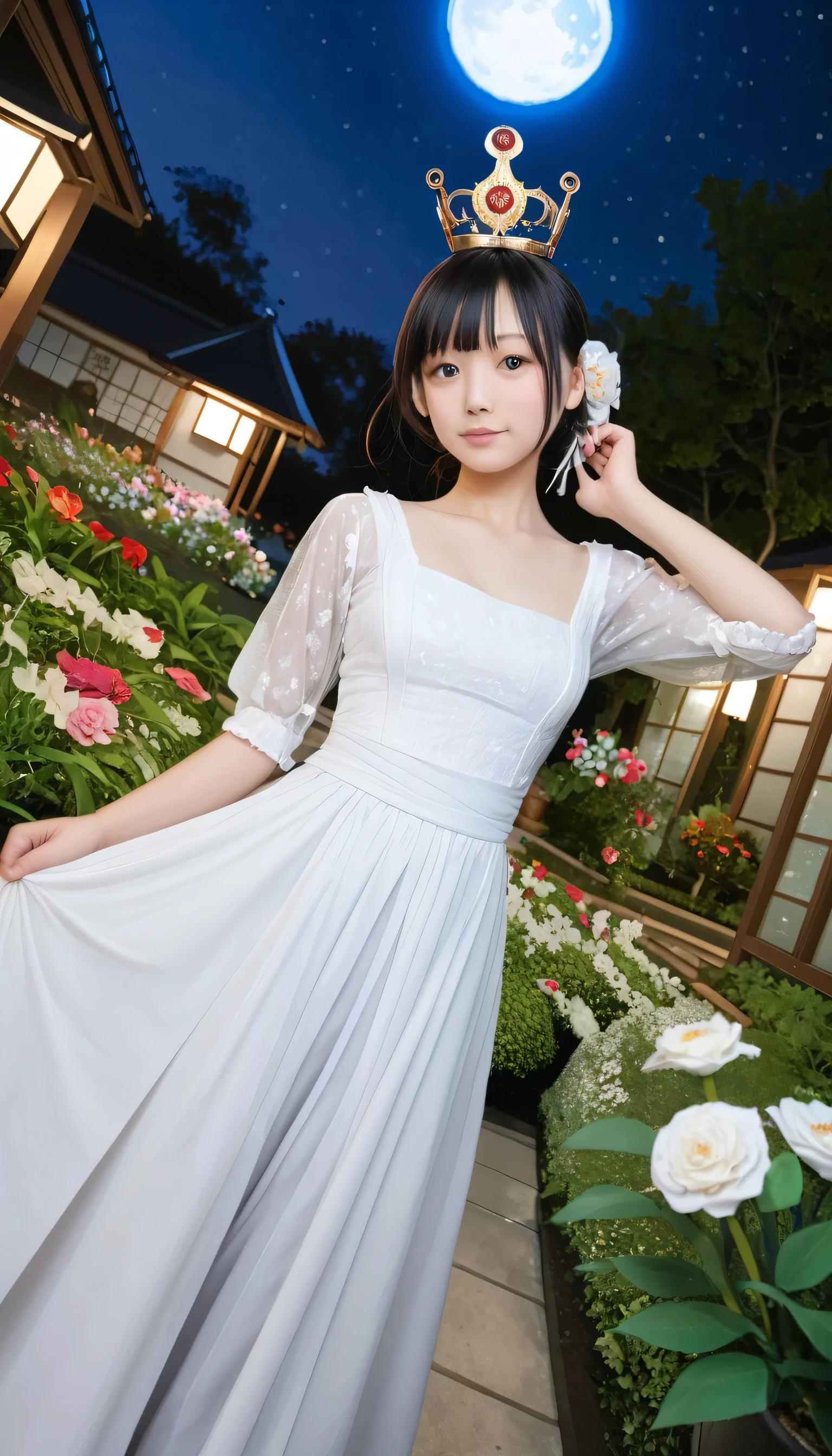 best quality, high_resolution, distinct_image, detailed background ,girl, hanbok,flower,garden,moon, night,dutch angle, wide shot, crown,