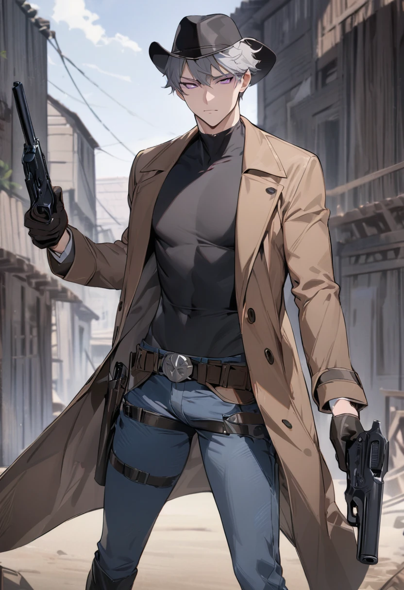 (masterpiece, best quality:1.2) best quality, boy design, short gray hair, boy face, boy body, focused look, purple eyes, black cowboy hat, black tight shirt, brown Duster coat, black gloves, blue jeans, western black boots, black cowboy holster, 2 guns, holding guns in hands.
