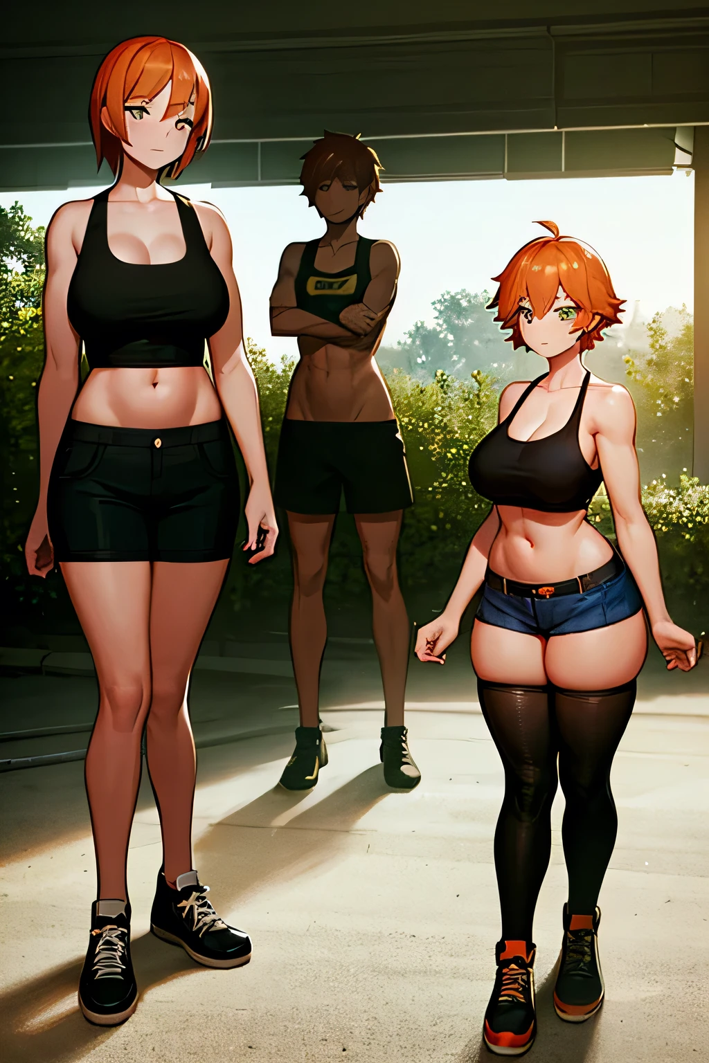 1girl, short orange hair, black-green eyes, tank top orange, blue shorts, black footwear, deep cleavage, large breasts, sunny day, realistic, glowing eyes, full body, navel, muscular girl, thigh, 18th , smile, sexy, navel piercing 