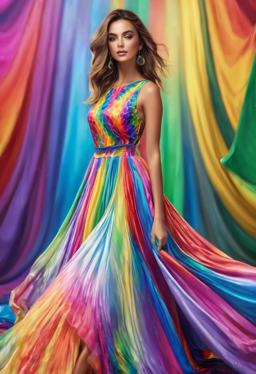 a woman in a vestido colorido is posing for a picture, vestido colorido, ropa arcoiris, moda colorida, pintura corporal fresca del arco iris, colorful digital fantasy art, Hermoso y colorido, vestido fluido, karol behind uhd, ropa colorida, vibrant fantasy style, vestido con seda colorida, Colores del arcoiris, gorgeous digital art, hermosa obra de arte digital, ropa colorida