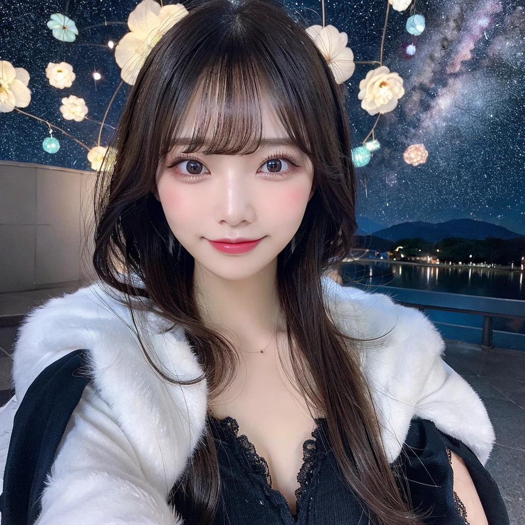 （NSFW）,（Beautiful starry sky、Meteors、constellation）、masterpiece、（Super big breasts、valley）、（Double eyelids、Tear bags、Long eyelashes、Big, round eyes）,bangs、Beautiful 20 year old woman、a japanese beautihul girl、kolian makeup,（black long hair）,highest quality, figure, Very detailed,Natural color lip, A shy smile