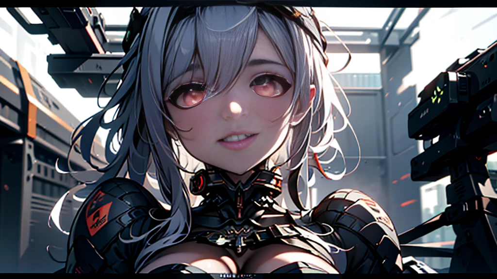 ((Best quality)), ((masterpiece)), (detailed:1.4), 3D, an image of a beautiful cyberpunk female, Yandere , Yandere Face , Trance , Trance Eyes , yameroyandere , constricted pupils , yandere , empty eyes . shaded face , crazy eyes , glowing red eyes , crazy smile , Marian , long silver hair , Black Dress , Red Eyes, Black undercloth, large breasts, HDR (High Dynamic Range),Ray Tracing,NVIDIA RTX,Super-Resolution,Unreal 5,Subsurface scattering,PBR Texturing,Post-processing,Anisotropic Filtering,Depth-of-field,Maximum clarity and sharpness,Multi-layered textures,Albedo and Specular maps,Surface shading,Accurate simulation of light-material interaction,Perfect proportions,Octane Render,Two-tone lighting,Wide aperture,Low ISO,White balance,Rule of thirds,8K RAW,