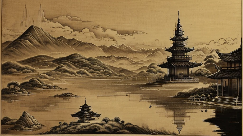 Ink painting with a dragon in the background and a pagoda and landscape