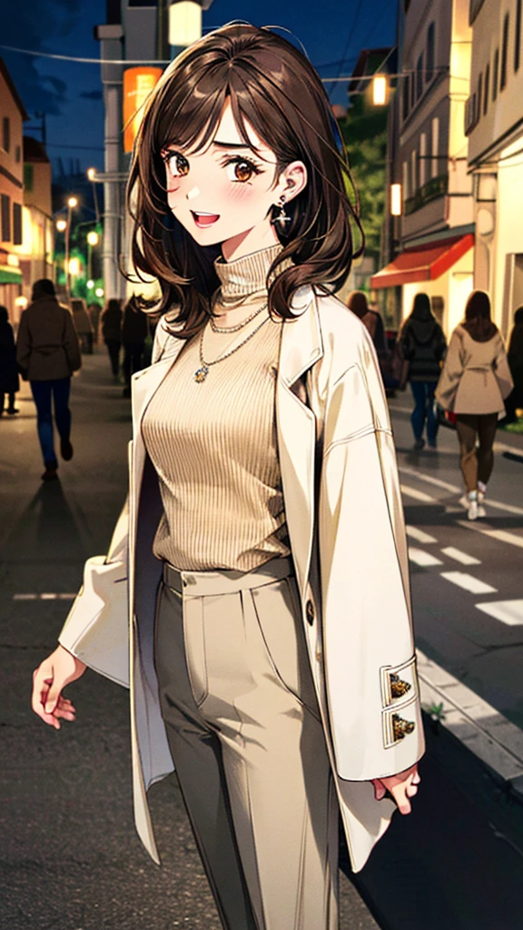 (masterpiece:1.3, Highest quality, Ultra-high resolution, Super detailed), (Realistic, photoRealistic:1.4), Beautiful illustrations, Perfect lighting, colorful, Depth of written boundary, 
Beautiful detailed hair, Beautifully detailed face, Beautiful fine details, Beautiful clavicle, Beautiful body, Beautiful breasts, Beautiful thighs, Beautiful feet, Beautiful fingers, 
View Viewer, Full Body Shot、Front view:0.6, 1 girl, Japanese, Female college student, Perfect Face, (Perfect Anatomy, Anatomically correct), Cute and symmetrical face, Baby Face, , Shiny skin, 
((White coat)).((Turtleneck sweater：1.4,)) ((Beige slacks:1.4)),(pumps:1.2) 
(Dark brown hair, Medium Wave:1.4),  Dark brown eyes, (Large Breasts), thin, 
necklace, (Small earrings:1.3), 
(Retro feel), (night), (Streets of Italy), Are standing, (smile, Open your mouth a little), 
