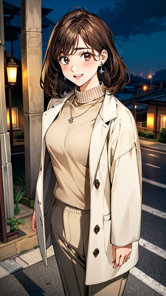(masterpiece:1.3, Highest quality, Ultra-high resolution, Super detailed), (Realistic, photoRealistic:1.4), Beautiful illustrations, Perfect lighting, colorful, Depth of written boundary,
Beautiful detailed hair, Beautifully detailed face, Beautiful fine details, Beautiful clavicle, Beautiful body, Beautiful breasts, Beautiful thighs, Beautiful feet, Beautiful fingers,
View Viewer, Full Body Shot、Front view:0.6, 1 girl, Japanese, Female college student, Perfect Face, (Perfect Anatomy, Anatomically correct), Cute and symmetrical face, Baby Face, , Shiny skin,
((White coat)).((Turtleneck sweater:1.4,)) ((Beige slacks:1.4)),(pumps:1.2)
(Dark brown hair, Medium Wave:1.4), Dark brown eyes, (Large Breasts), thin,
necklace, (Small earrings:1.3),
(Retro feel), (night), (Streets of Italy), Are standing, (smile, Open your mouth a little),