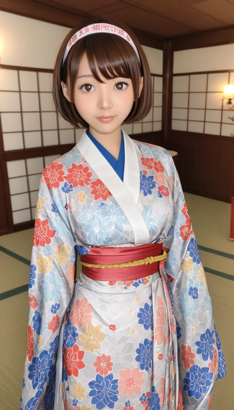 (masterpiece, best quality: 1.2), Solitary, 1 Girl, Tanaka Ritsu, Qingan, Brown eyes,Anime style, ((((Super illustration style: 1.0)))),best quality,masterpiece,1 Girl,((((Tanaka Ritsu)))), ((((Qingan)))), Brown eyes, Brown hair, Headband, short hair, woman, {{{{{{Heart-shaped pupil}}}}}}, Beautifully crafted kimonos, Japanese pattern printing, Floral