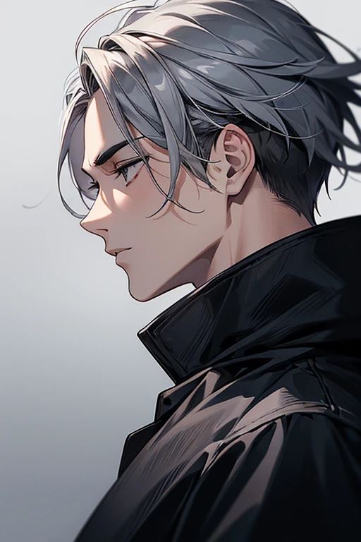 masterpiece, best quality, face detail, alone, male, gray hair, black eye, black coat, black shirt, 24-year-old boy, Modern background, profile, face focus